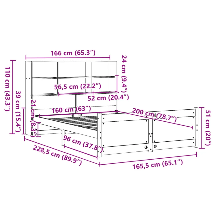 Lit bibliothèque sans matelas blanc 160x200 cm bois pin massif - 11