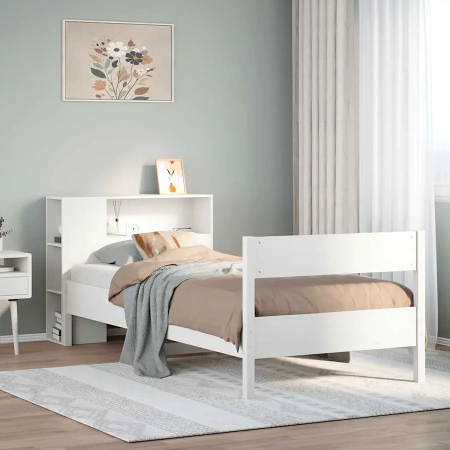 Lit bibliothèque sans matelas blanc 75x190cm bois de pin massif