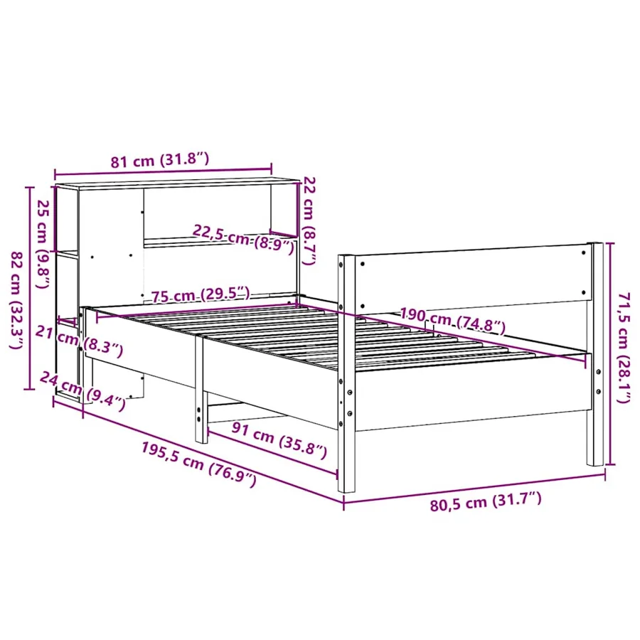 Lit bibliothèque sans matelas blanc 75x190cm bois de pin massif - 12