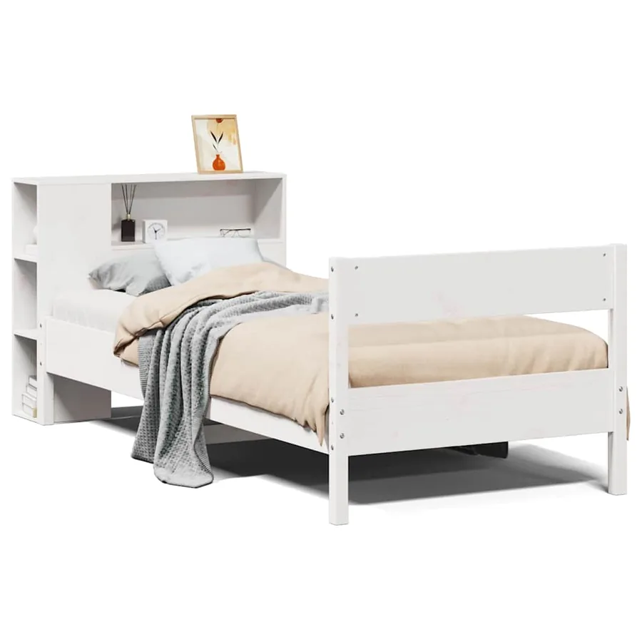 Lit bibliothèque sans matelas blanc 75x190cm bois de pin massif - 2