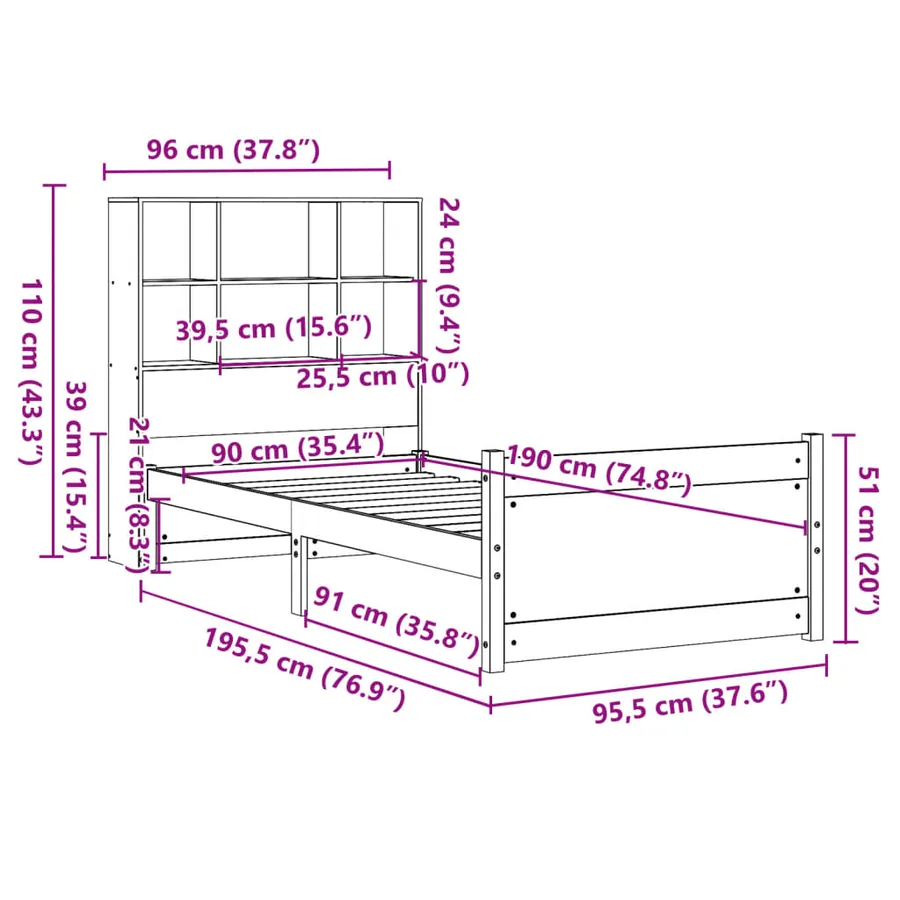 Lit bibliothèque sans matelas 90x190 cm bois de pin massif - 11