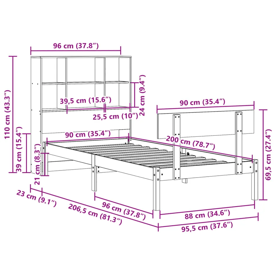 Lit bibliothèque sans matelas 90x200 cm bois de pin massif - 11