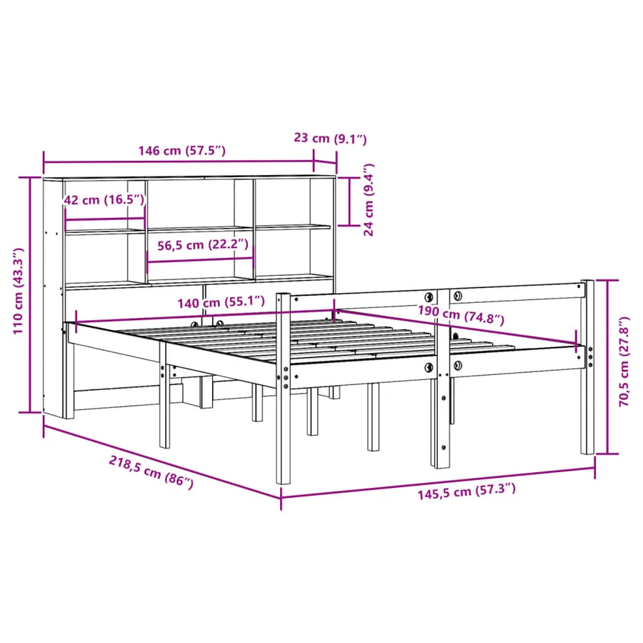 Lit bibliothèque sans matelas 140x190 cm bois de pin massif - 12