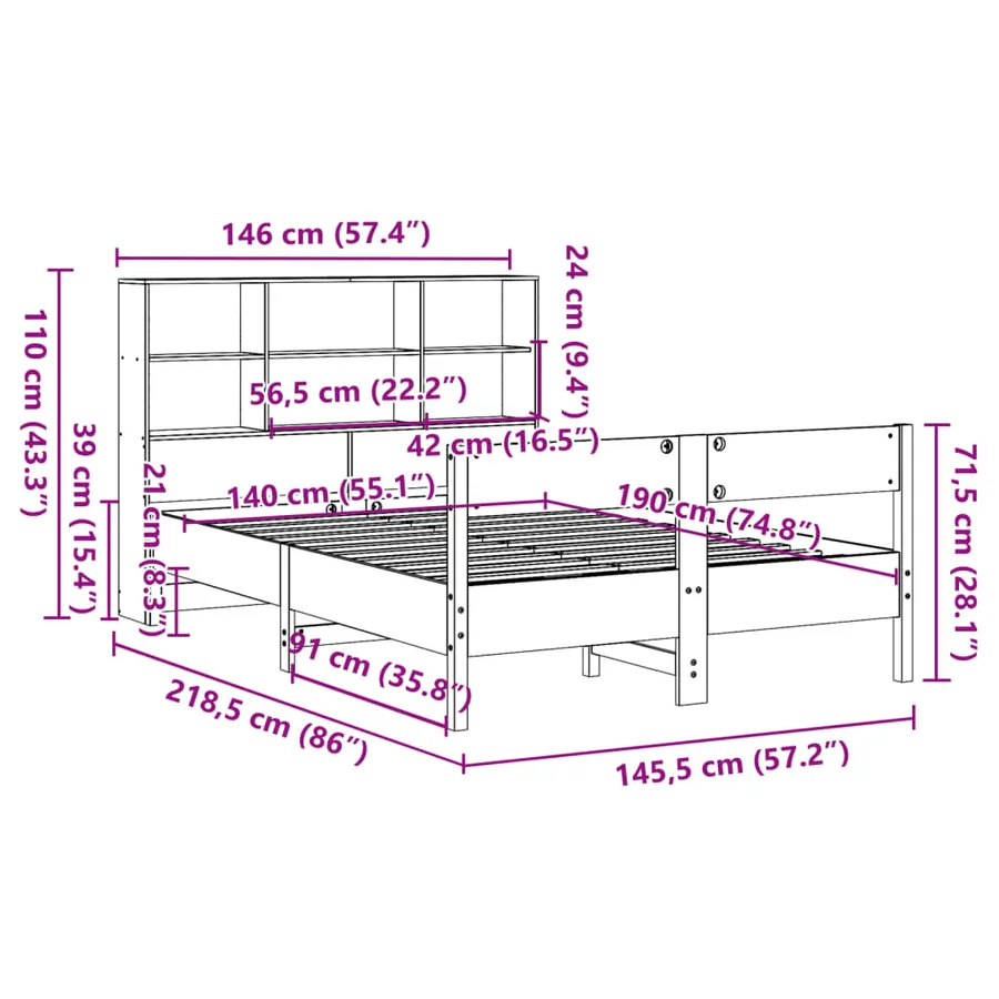 Lit bibliothèque sans matelas 140x190 cm bois de pin massif - 12