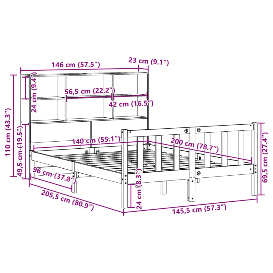 Lit bibliothèque sans matelas 140x200 cm bois massif de pin - 11