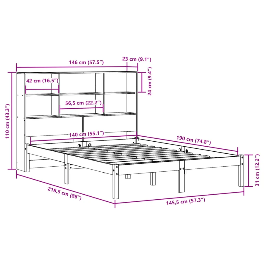 Lit bibliothèque sans matelas 140x190 cm bois de pin massif - 12