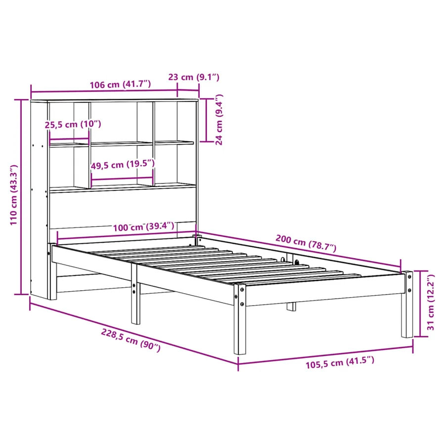 Lit bibliothèque sans matelas cire marron 100x200 cm pin massif - 12