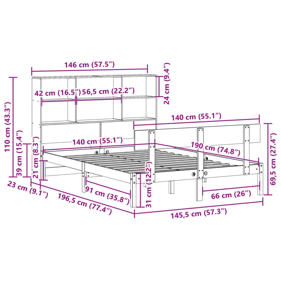 Lit bibliothèque sans matelas 140x190 cm bois de pin massif - 11