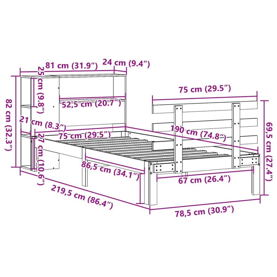 Lit bibliothèque sans matelas blanc 75x190cm bois de pin massif - 11