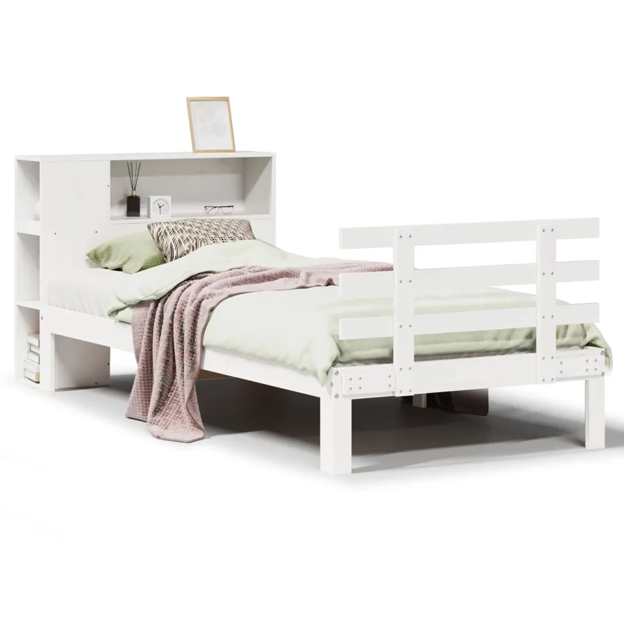 Lit bibliothèque sans matelas blanc 75x190cm bois de pin massif - 2
