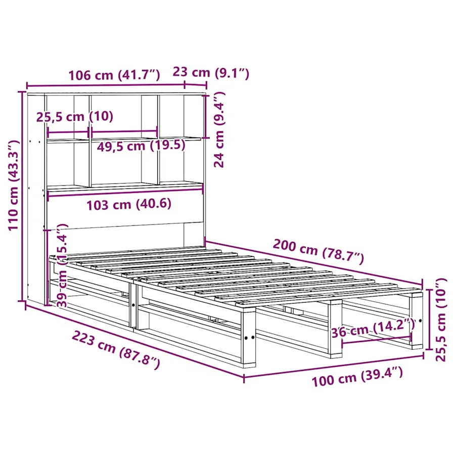 Lit bibliothèque sans matelas cire marron 100x200cm bois massif - 12