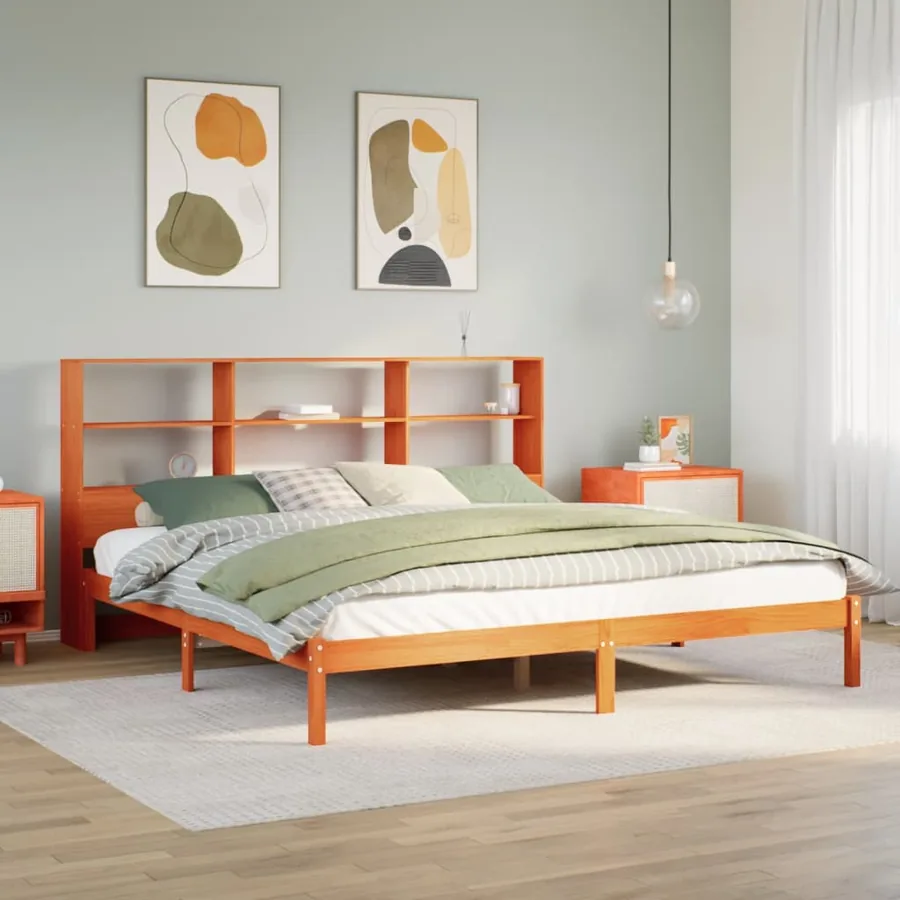 Lit bibliothèque sans matelas cire marron 180x200 cm pin massif