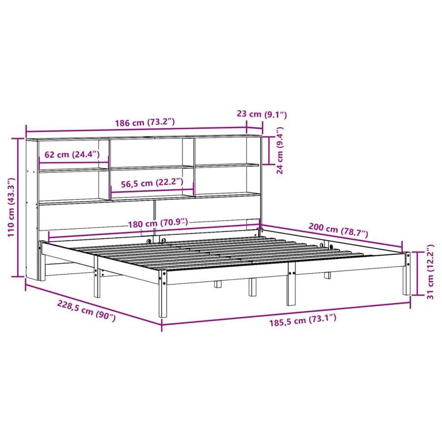 Lit bibliothèque sans matelas cire marron 180x200 cm pin massif - 12