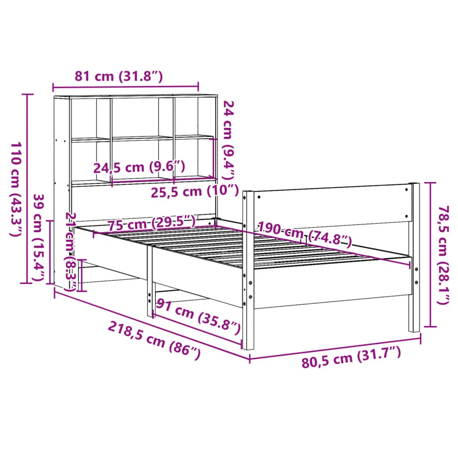 Lit bibliothèque sans matelas cire marron 75x190 cm pin massif - 12