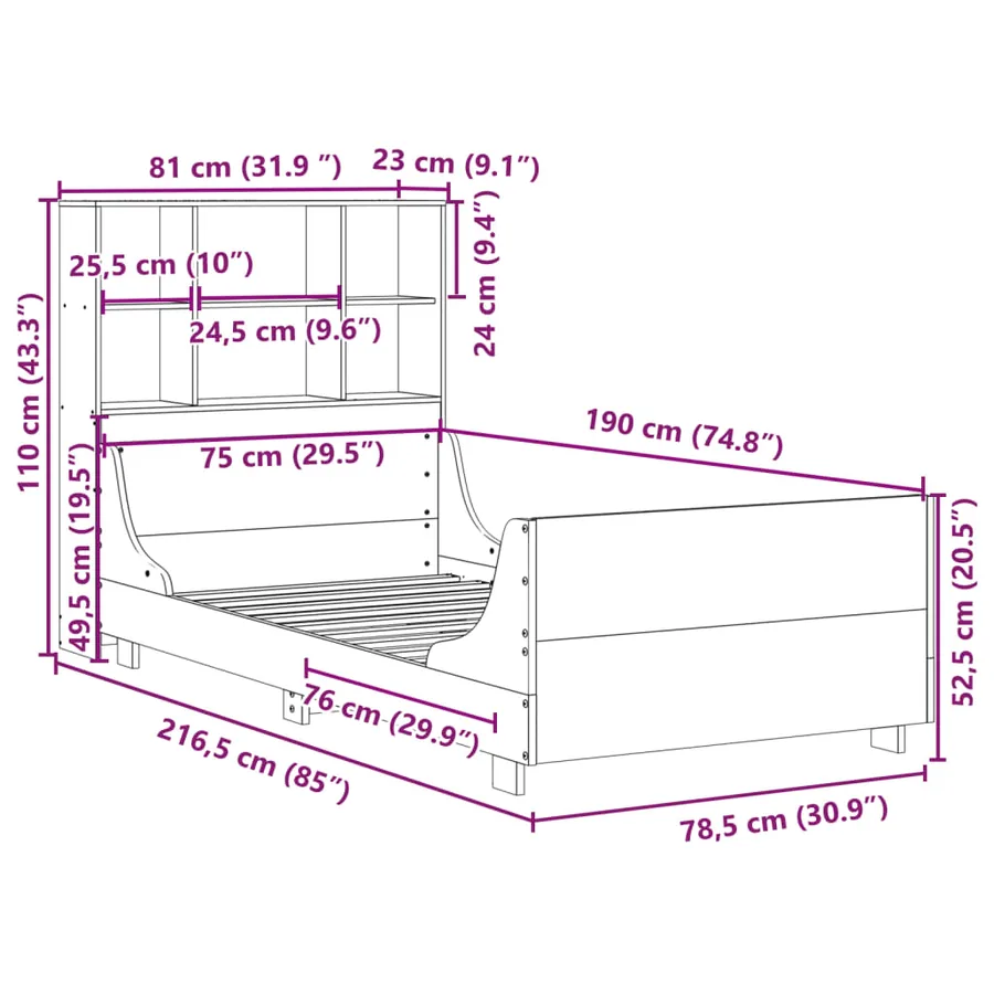 Lit bibliothèque sans matelas cire marron 75x190 cm bois massif - 12
