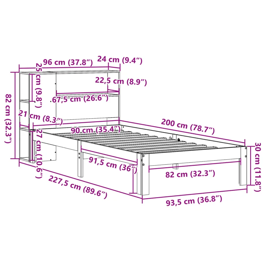 Lit bibliothèque sans matelas 90x200 cm bois de pin massif - 11