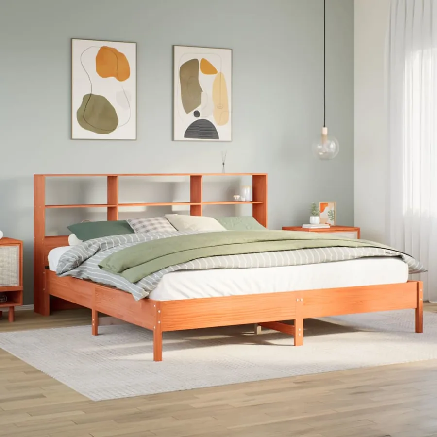 Lit bibliothèque sans matelas cire marron 200x200 cm pin massif