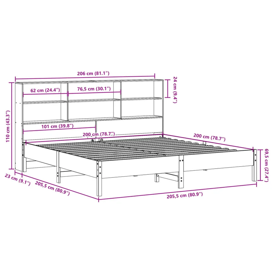 Lit bibliothèque sans matelas cire marron 200x200 cm pin massif - 11