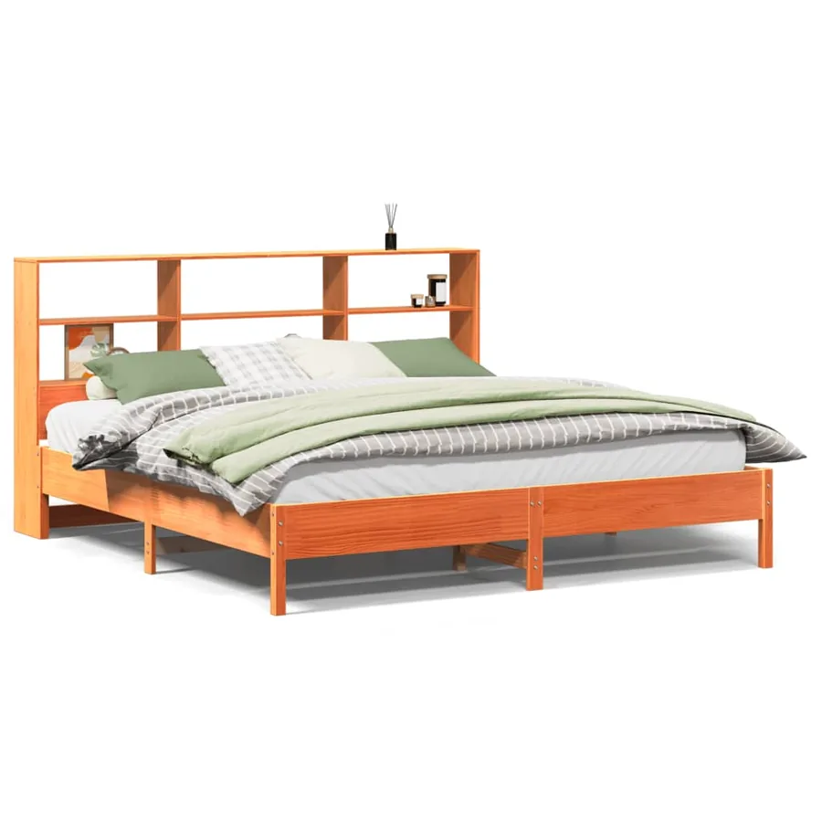 Lit bibliothèque sans matelas cire marron 200x200 cm pin massif - 2