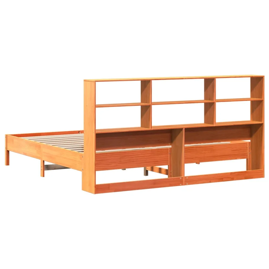 Lit bibliothèque sans matelas cire marron 200x200 cm pin massif - 6