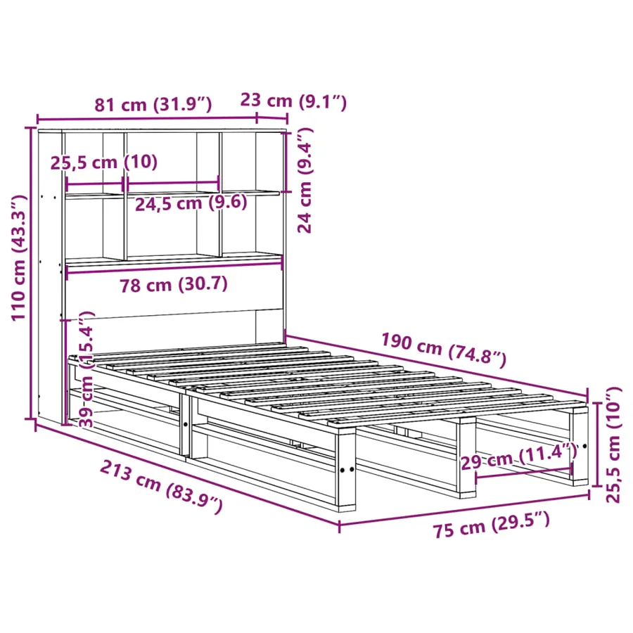 Lit bibliothèque sans matelas cire marron 75x190 cm bois massif - 12