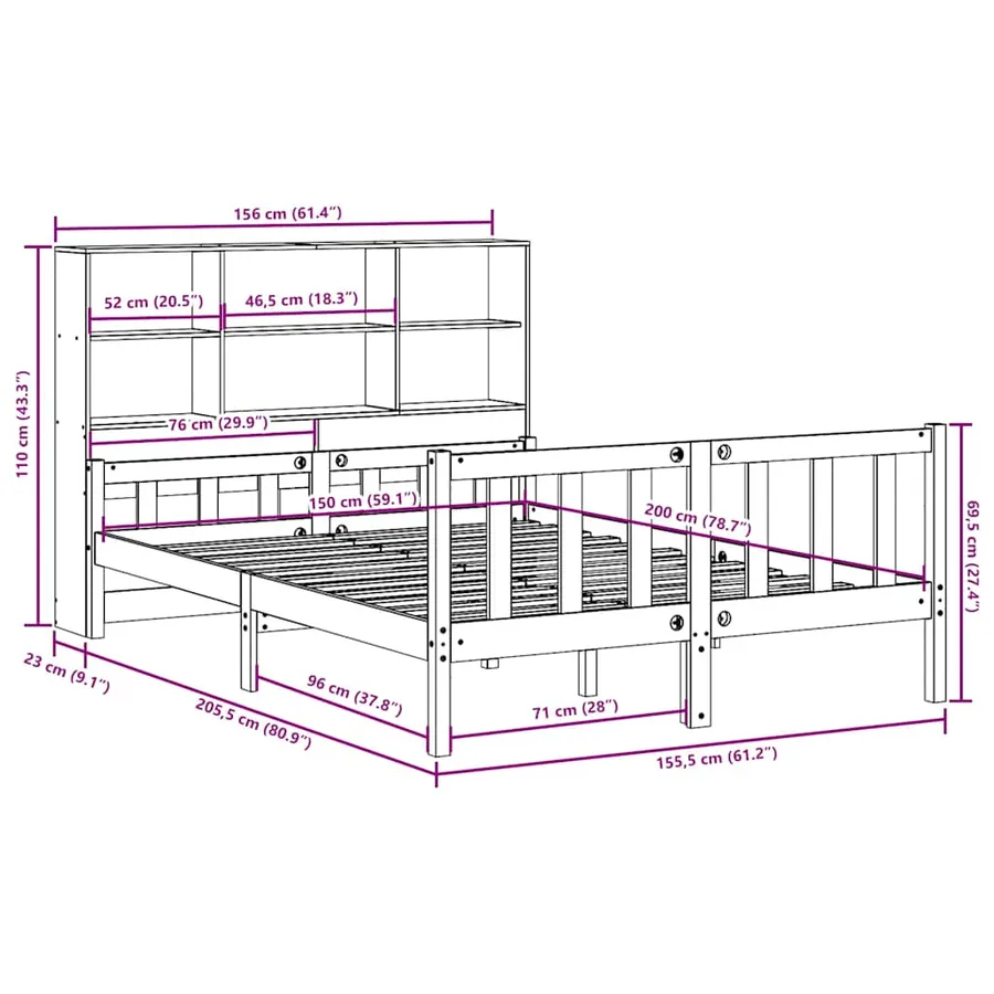 Lit bibliothèque sans matelas cire marron 150x200cm bois massif - 12