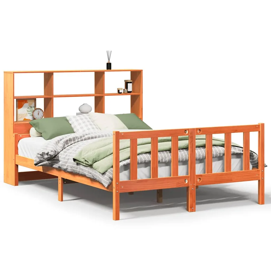 Lit bibliothèque sans matelas cire marron 150x200cm bois massif - 2