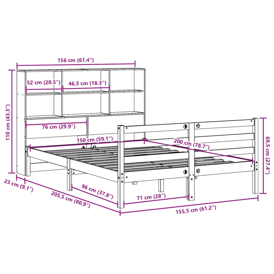 Lit bibliothèque sans matelas cire marron 150x200cm bois massif - 11
