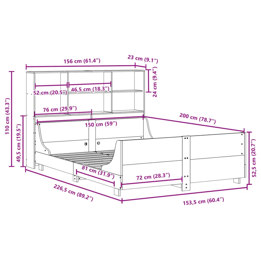 Lit bibliothèque sans matelas cire marron 150x200cm bois massif - 12