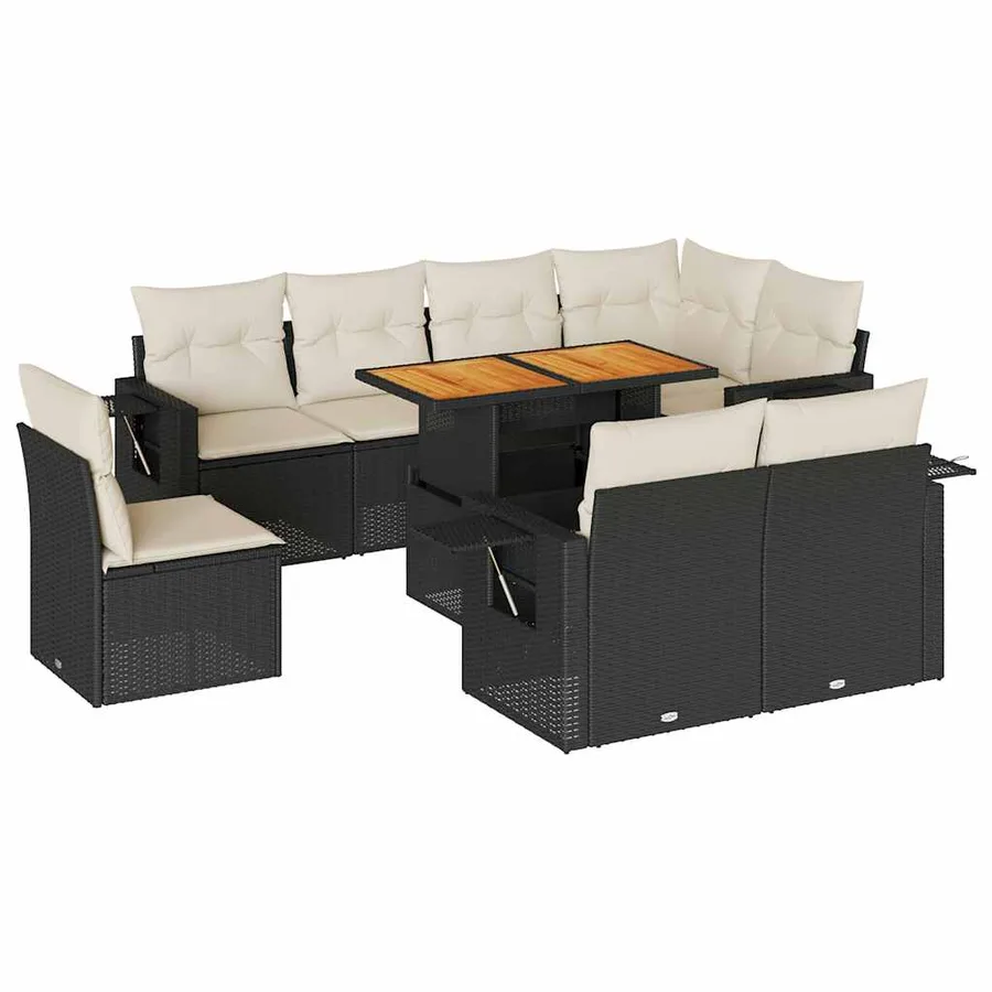 Salon de jardin 9 pcs avec coussins noir résine tressée - 2