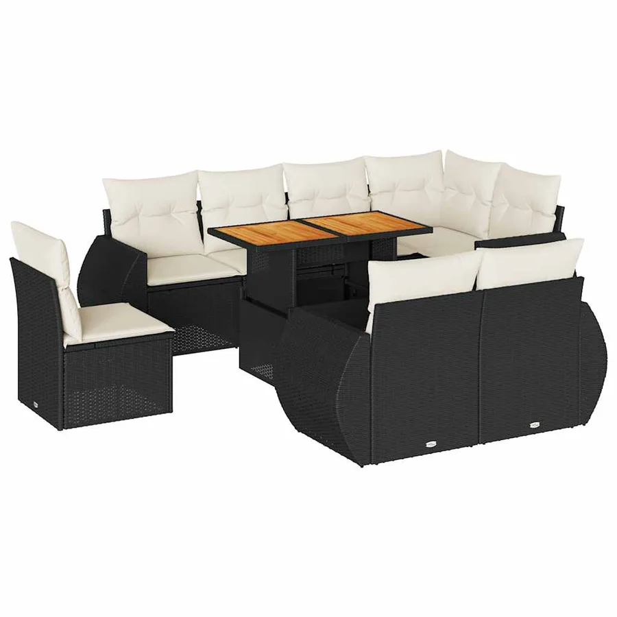Salon de jardin 9 pcs avec coussins noir résine tressée - 2