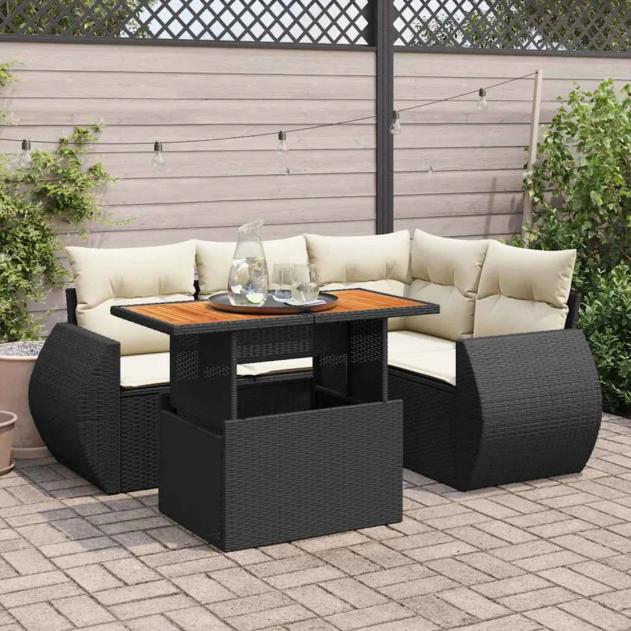 Salon de jardin 5 pcs avec coussins noir résine tressée