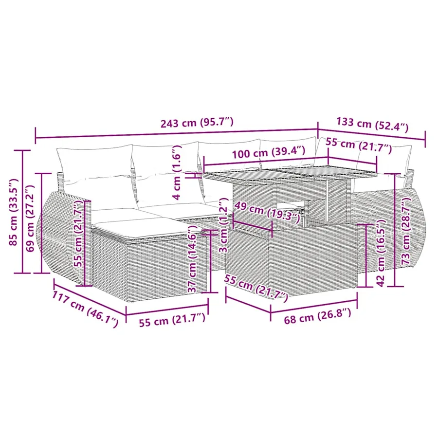 Salon de jardin 7 pcs avec coussins noir résine tressée 62 x 62 x 69 cm - 64,0 kg - 16