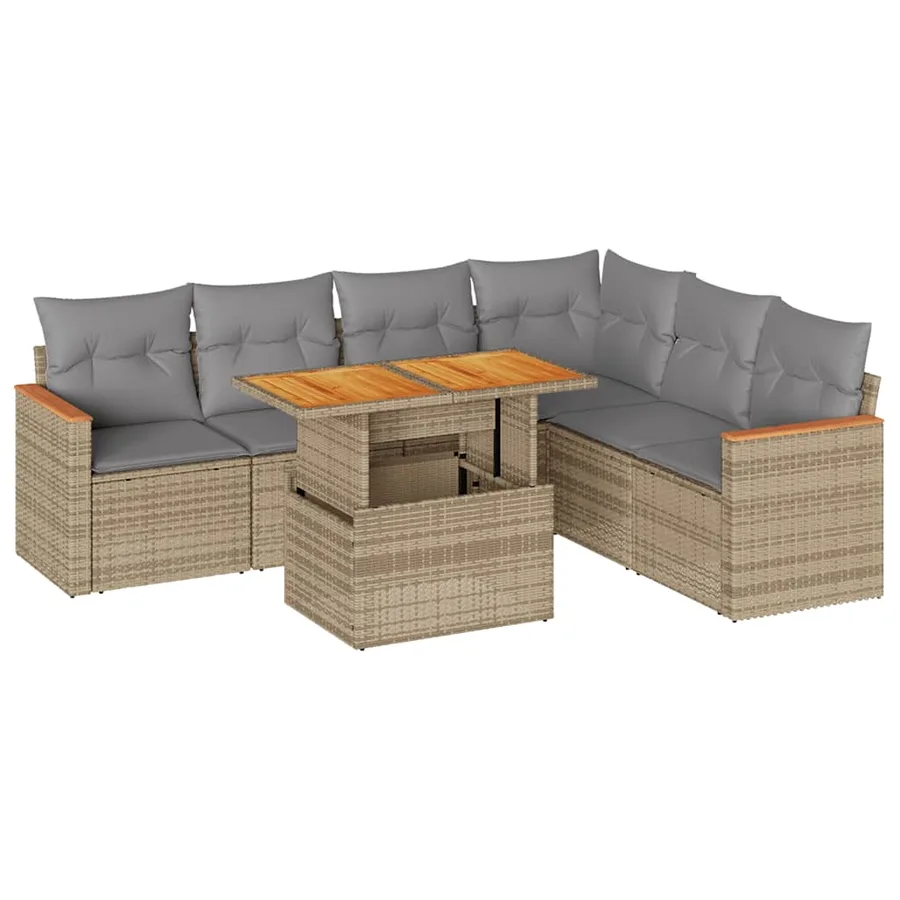 Salon de jardin avec coussins 7 pcs beige résine tressée acacia - 2