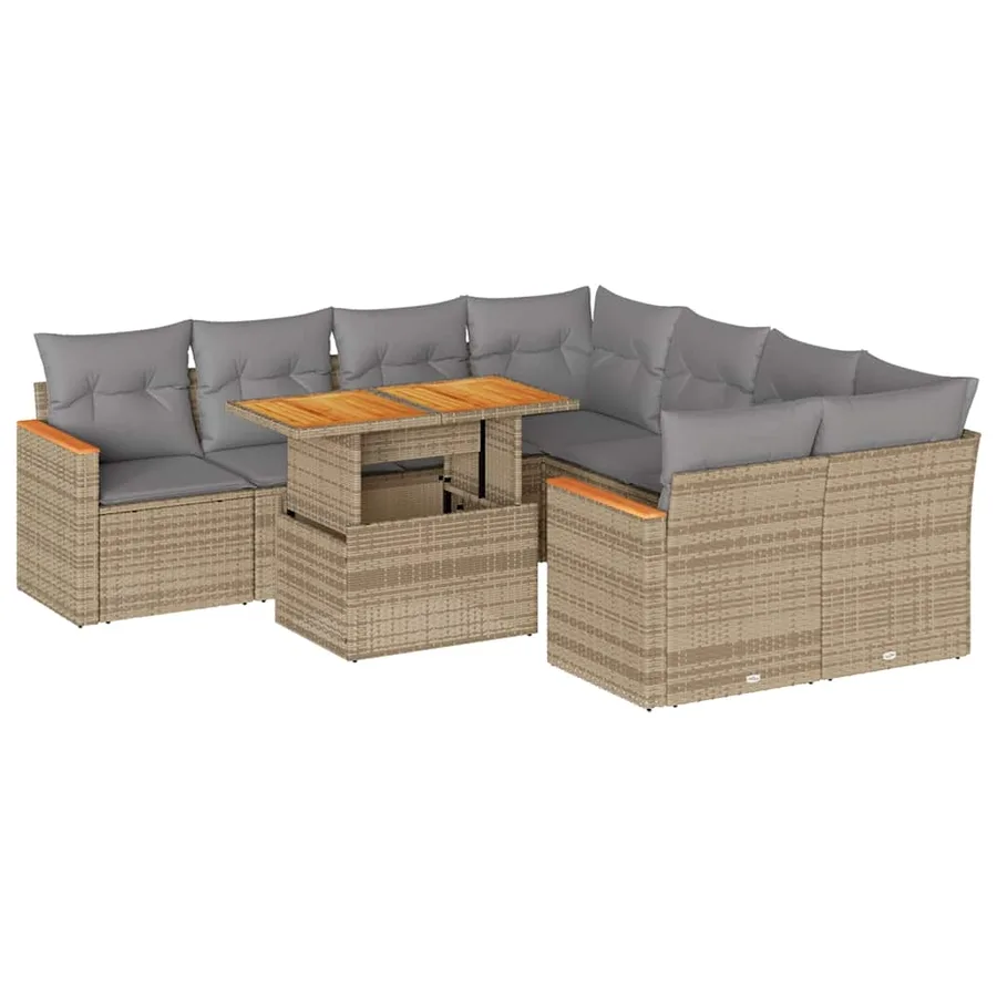 Salon de jardin avec coussins 9 pcs beige résine tressée acacia - 2