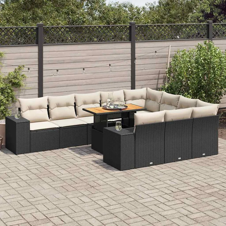 Salon de jardin 10 pcs avec coussins noir résine tressée acacia