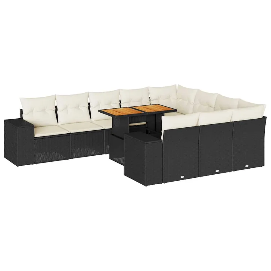 Salon de jardin 10 pcs avec coussins noir résine tressée acacia - 2