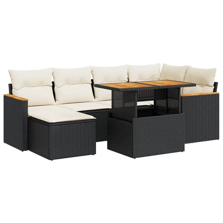 Salon de jardin avec coussins 7 pcs noir résine tressée acacia - 2