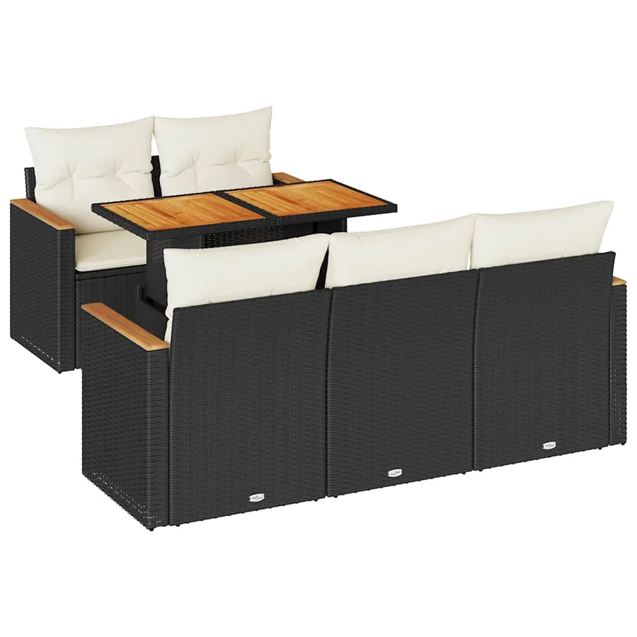 Salon de jardin 6 pcs avec coussins noir résine tressée acacia - 2