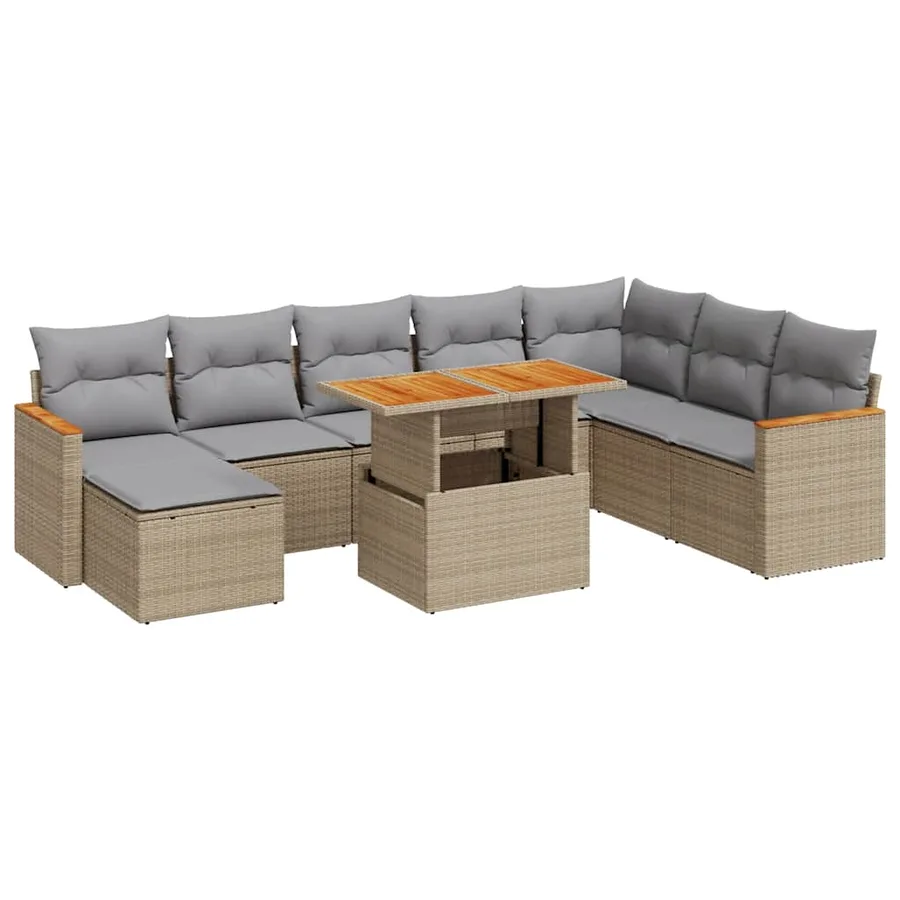 Salon de jardin avec coussins 9 pcs beige résine tressée acacia - 2
