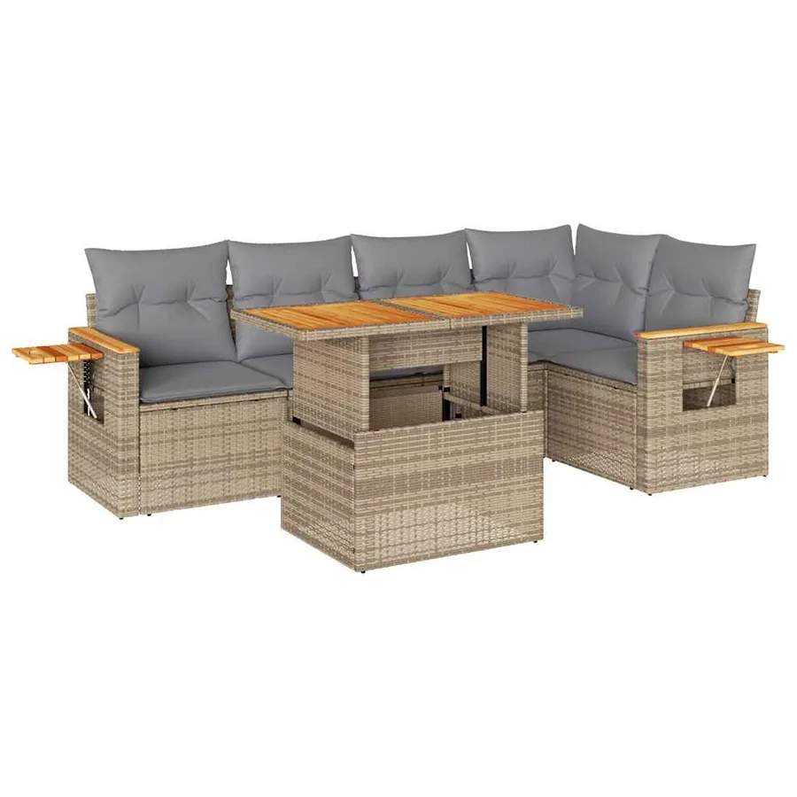 Salon de jardin 6 pcs avec coussins beige résine tressée acacia - 2
