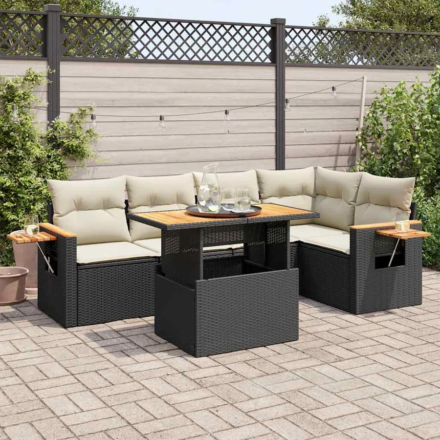 Salon de jardin 6 pcs avec coussins noir résine tressée acacia