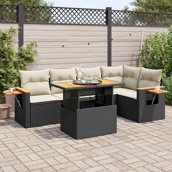 Salon de jardin 6 pcs avec coussins noir résine tressée acacia