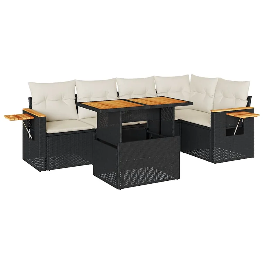 Salon de jardin 6 pcs avec coussins noir résine tressée acacia - 2