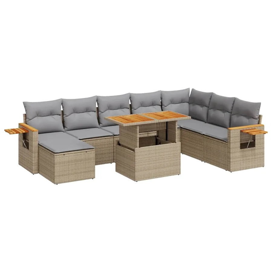Salon de jardin avec coussins 9 pcs beige résine tressée acacia - 2