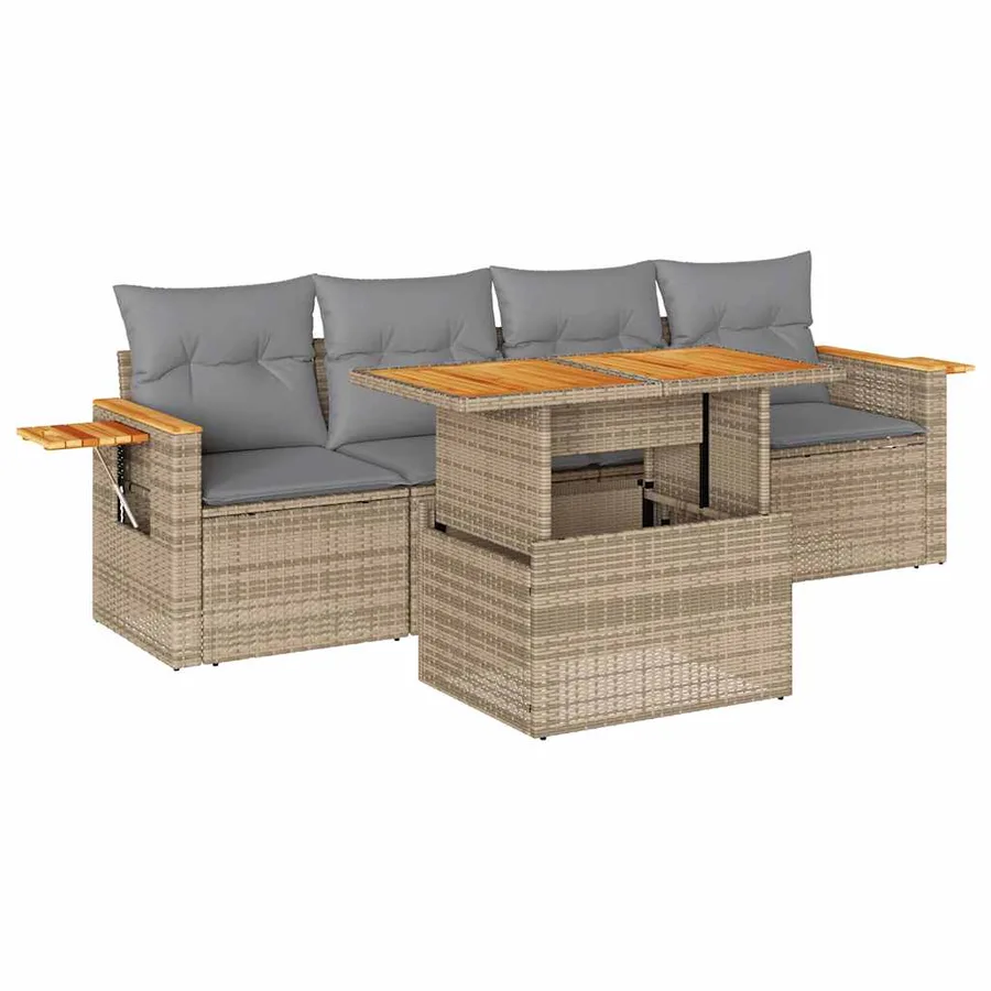 Salon de jardin avec coussins 5 pcs beige résine tressée acacia - 2