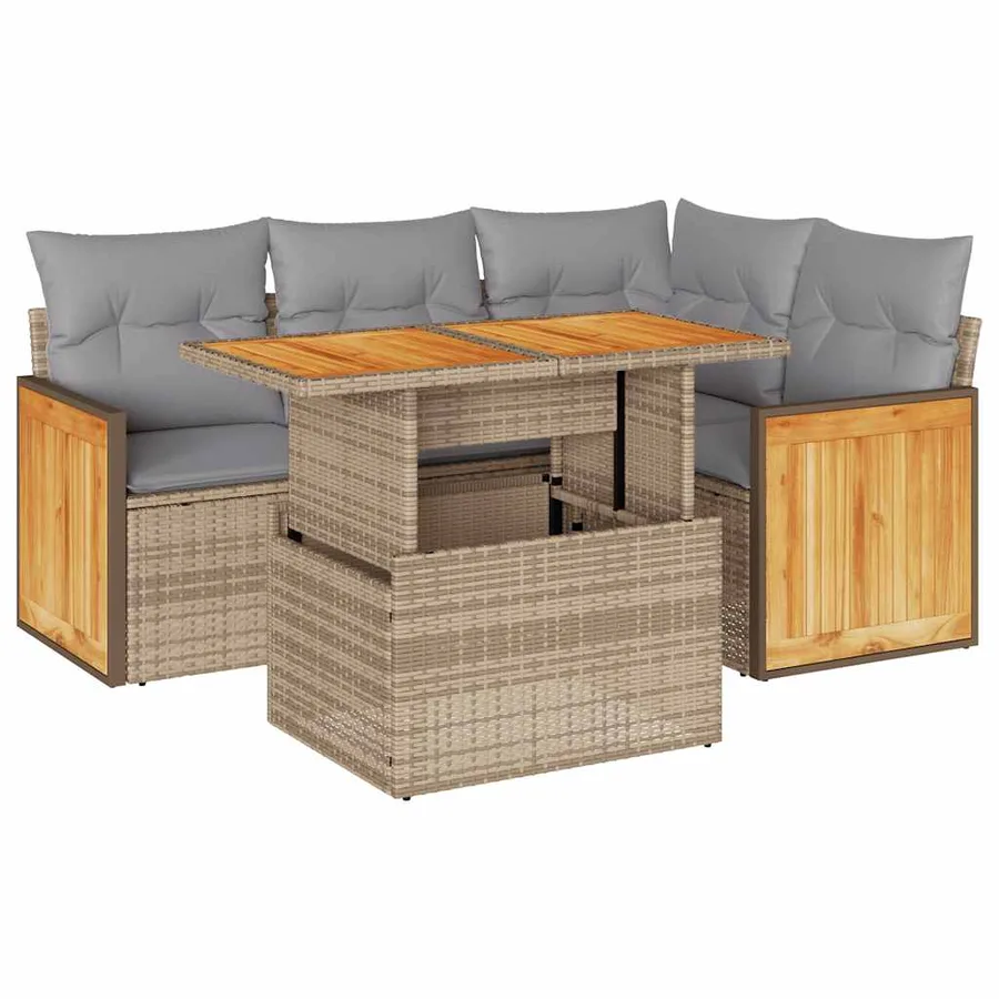 Salon de jardin avec coussins 5 pcs beige résine tressée acacia - 2