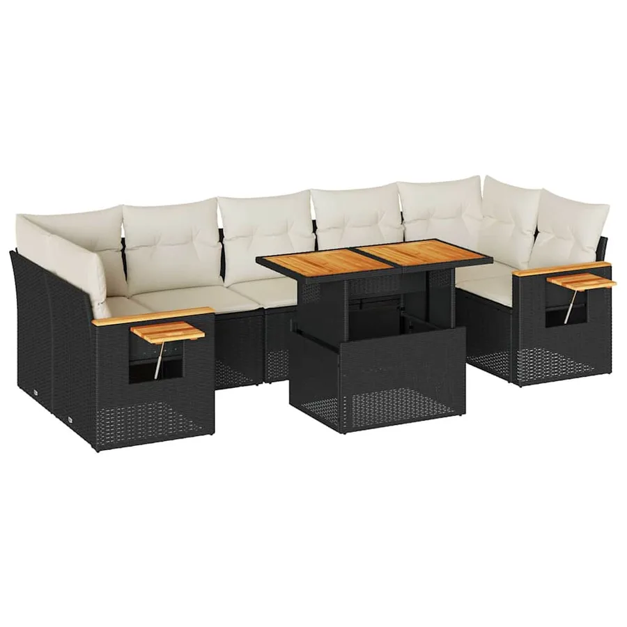 Salon de jardin avec coussins 8 pcs noir résine tressée acacia - 2