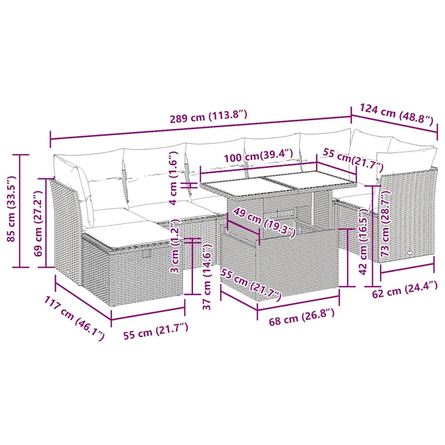 Salon de jardin 8 pcs avec coussins gris clair résine tressée - 15