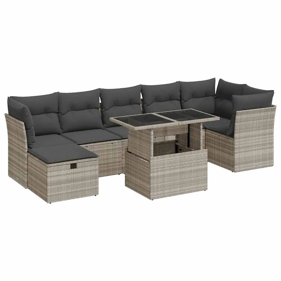 Salon de jardin 8 pcs avec coussins gris clair résine tressée - 2